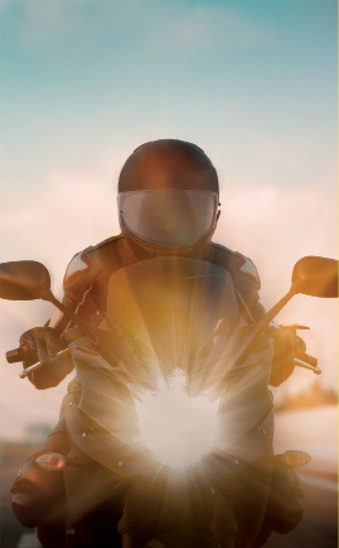 Motociclista trajando capacete, jaqueta e luvas, pilotando uma moto.
